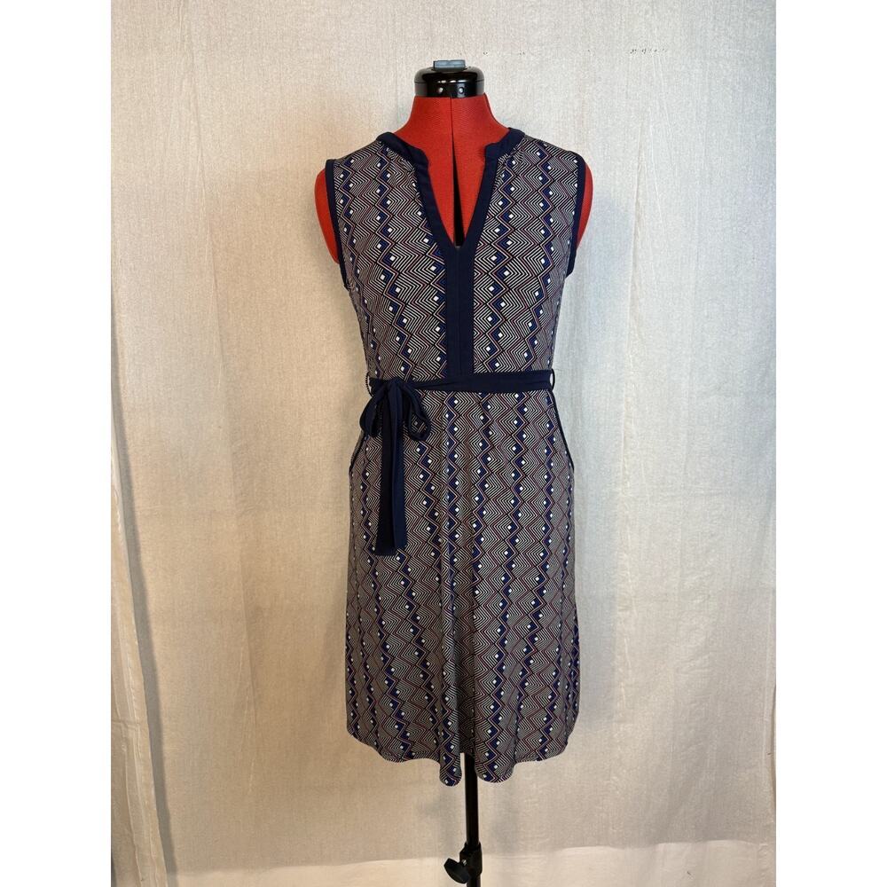 Monteau Sheath Dress Sz L Blue Red White V Neck Faux Wrap A Line Sleeveless D658